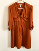 H&M Orange Solid Shirt Dress V-Neck 3/4 Roll Tab Button Pockets 8