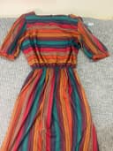 Vintage 1970s Striped Midi Dress Square Neck Puff Sleeve Boho Earth Tones XS / S