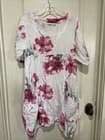 Vasna Made In Italy White Floral 100% Linen Pockets Boho Tunic Shift Dress Small