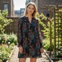 LOFT Floral Shift Dress Womens MP Black Multi Long Sleeve Crochet Trim NWT