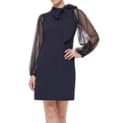 Vince Camuto Bow Neck Shift Dress Sz 10 Navy Crepe Swiss Dot Sheer Sleeve $148