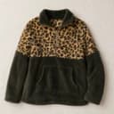 Leopard Sherpa Fleece Quarter Zip Pullover Size L Olive Green Y2K Modern