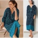 Pure Jill Dress Women's 4X Teal Blue Ikat Midi 100% Cotton Coastal Relaxed Boho