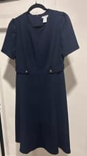 Women’s Navy Blue A-Line Dress Short Sleeve Round Neck Button Waist Classic