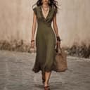 Women's Cotton Linen Ruffle Midi Dress V Neck Flutter Sleeve Casual